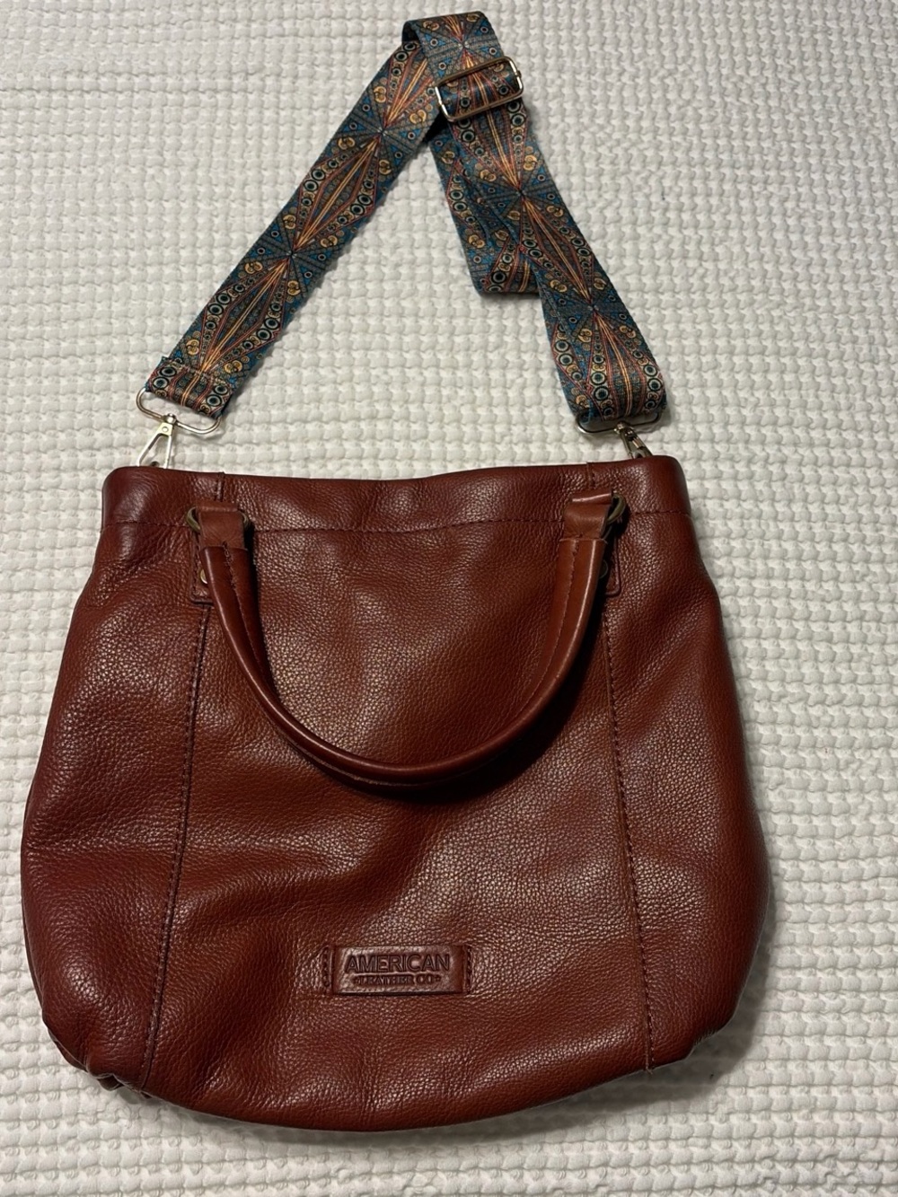 American Leather Tote with Removable Patterned Strap